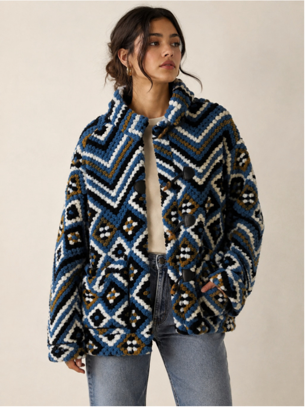 Zara Textured Crochet Toggle Jacket Geometric Blue Oversized Coat Medium NWOT
